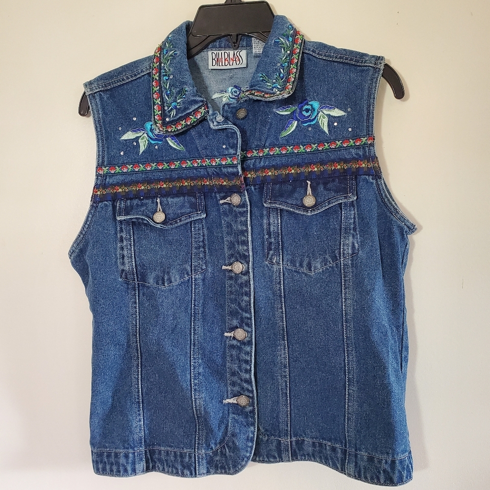 Vintage Y2k Bill Blass 2000 Rose Embroidered Trim Jean Vest Denim Size Medium